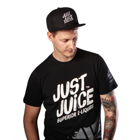 Man wearing Just Juice black t-shirt and black cap from front